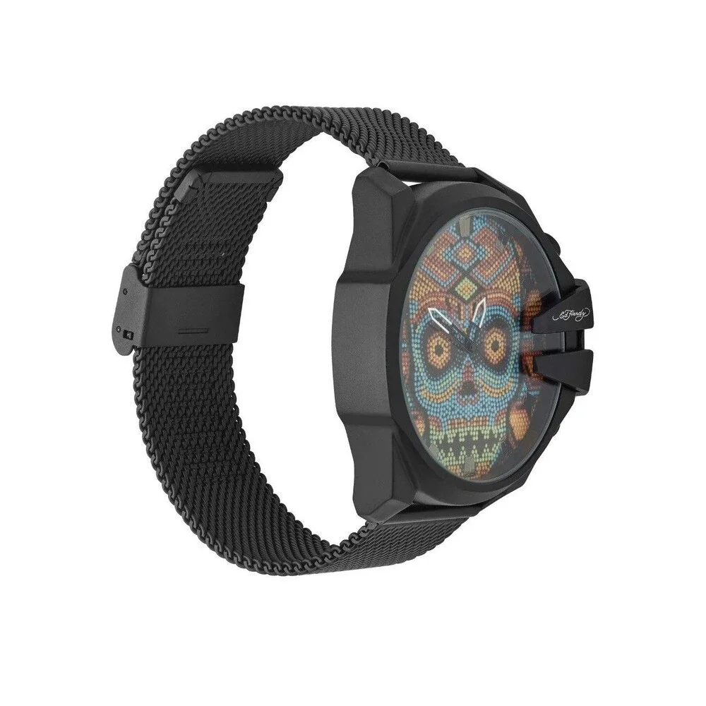 Ed Hardy Mens Beaded Skull Black Dial/Matte Black Metal Mesh Strap Watch 53 mm